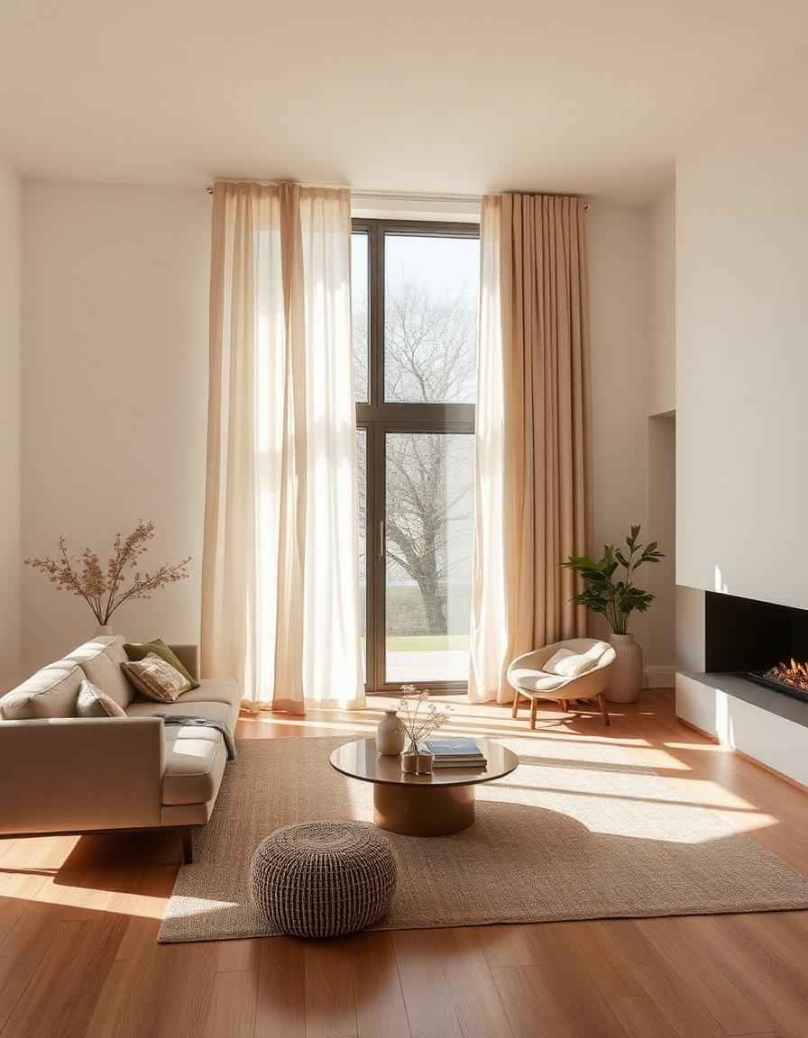 Sala de estar contemporânea com piso de madeira clara e cortinas de linho